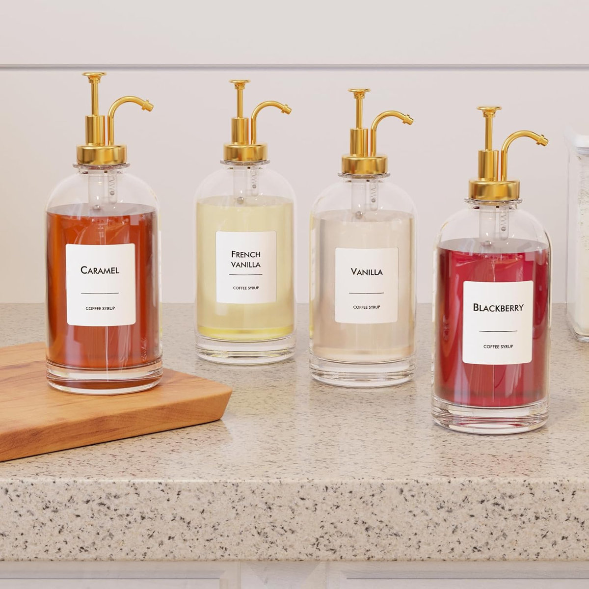 Coffee Syrup Dispenser Set, 4 Pack 16.9 oz Glass Bottles with Pump and Labels for Home Coffee Bar and Cafe